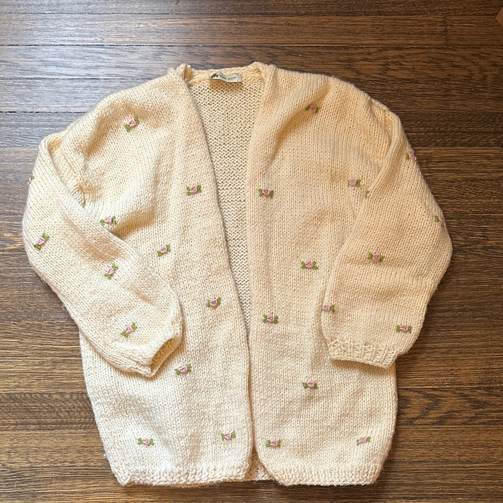 Fanm Mon Cream Cardigan with Pink Floral Details